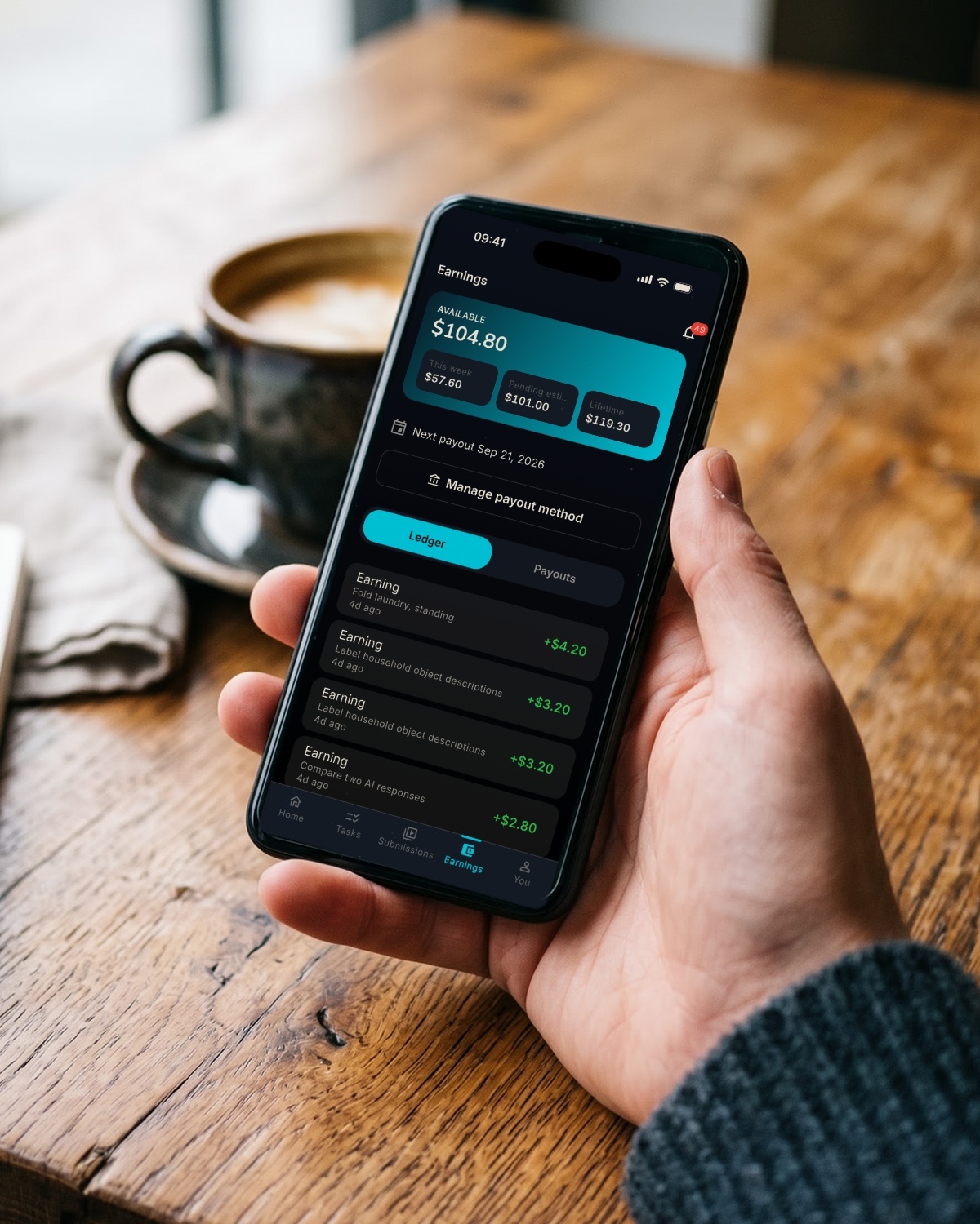 The Earnings screen of the app: an approved submission and the next payout date.