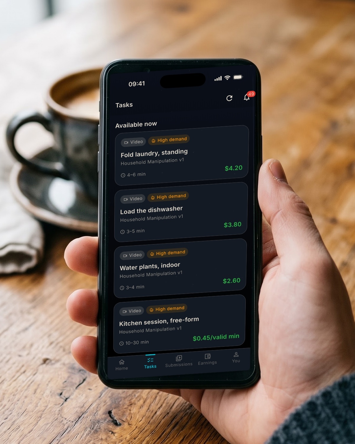 The Tasks screen of the app: open tasks with length and rate on each row.