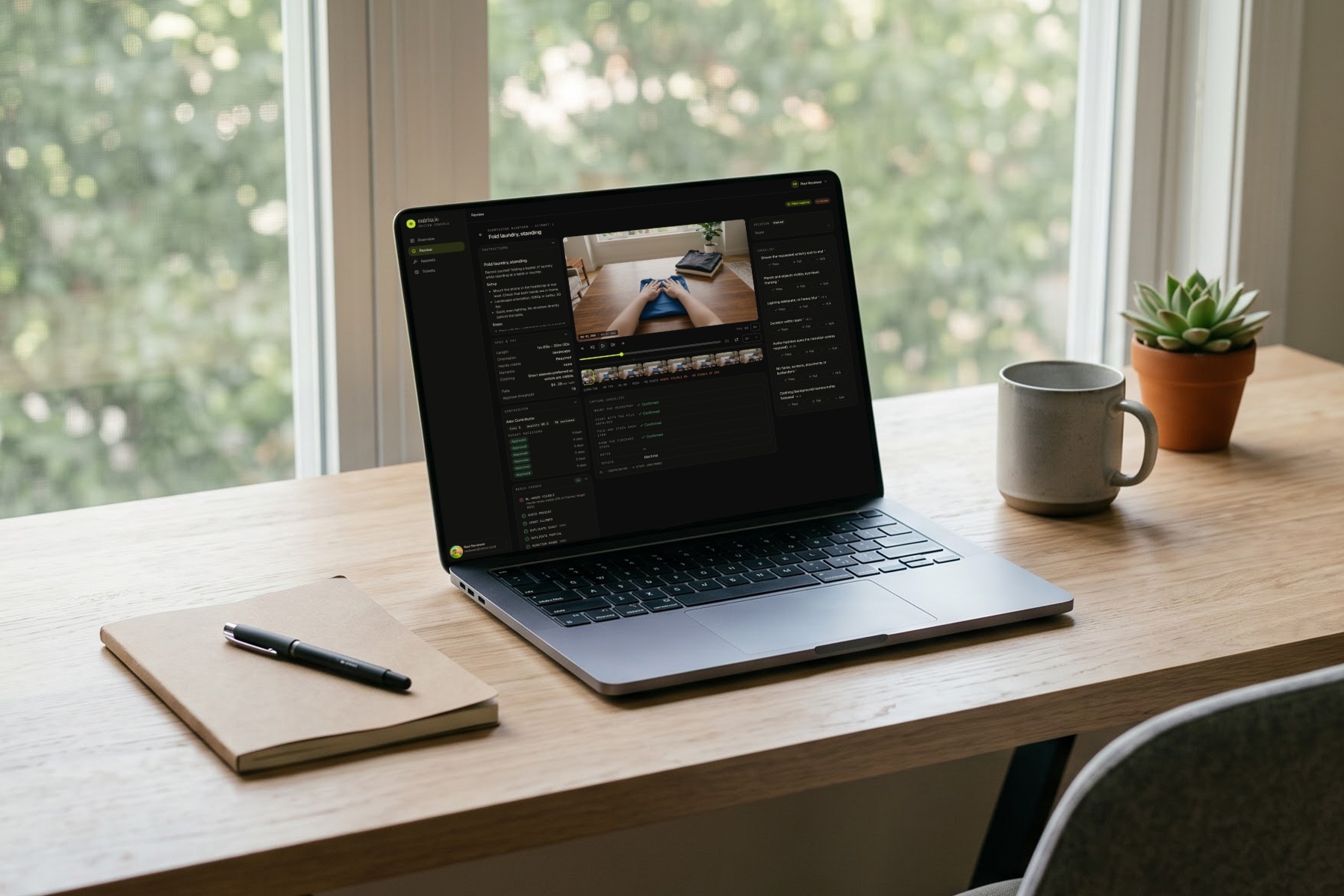 A laptop on a desk showing the handkin.ai review console with a clip and its checklist.