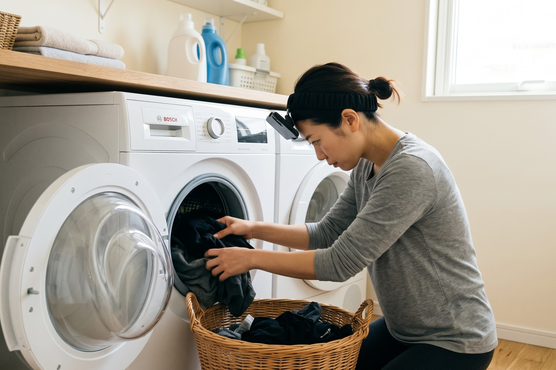 Recording at home: a person in the head strap loads a washing machine in a bright laundry corner.