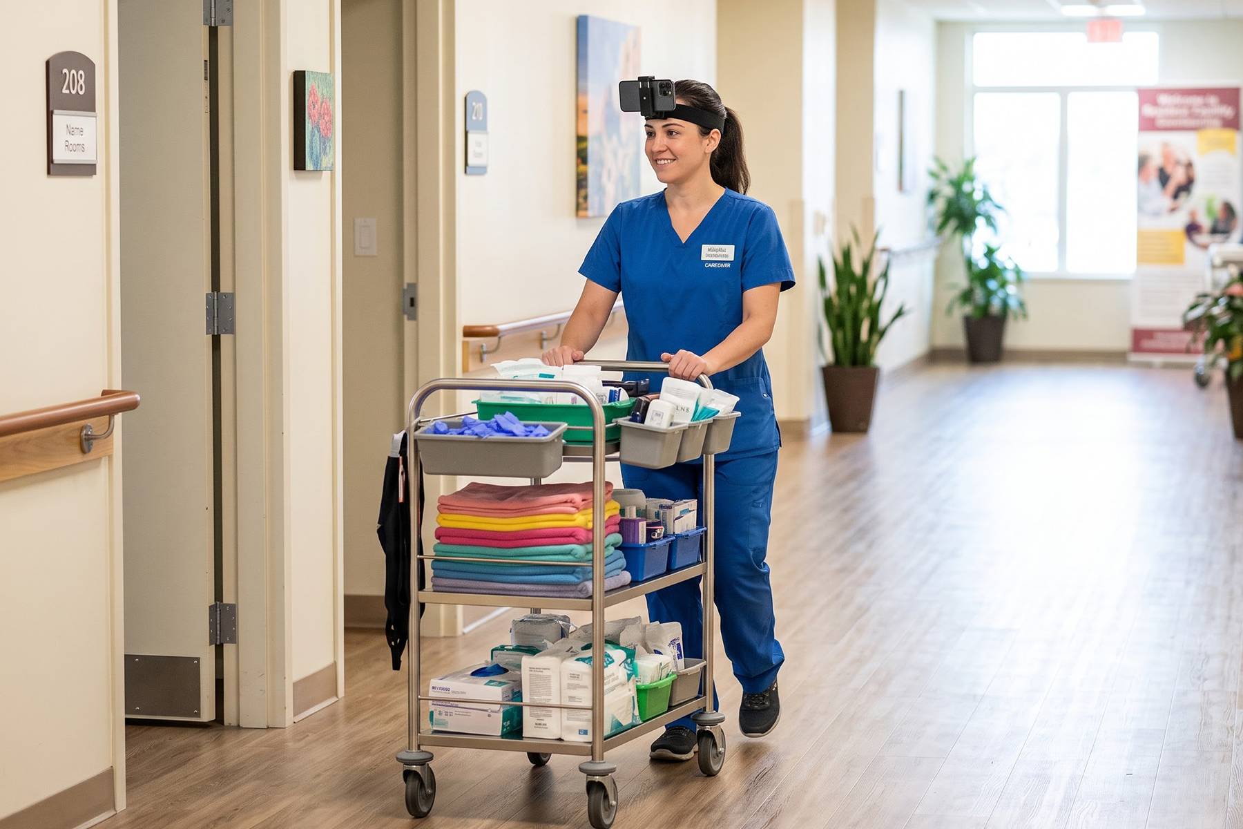 A care facility corridor; a care worker in the head strap pushes a supply cart.