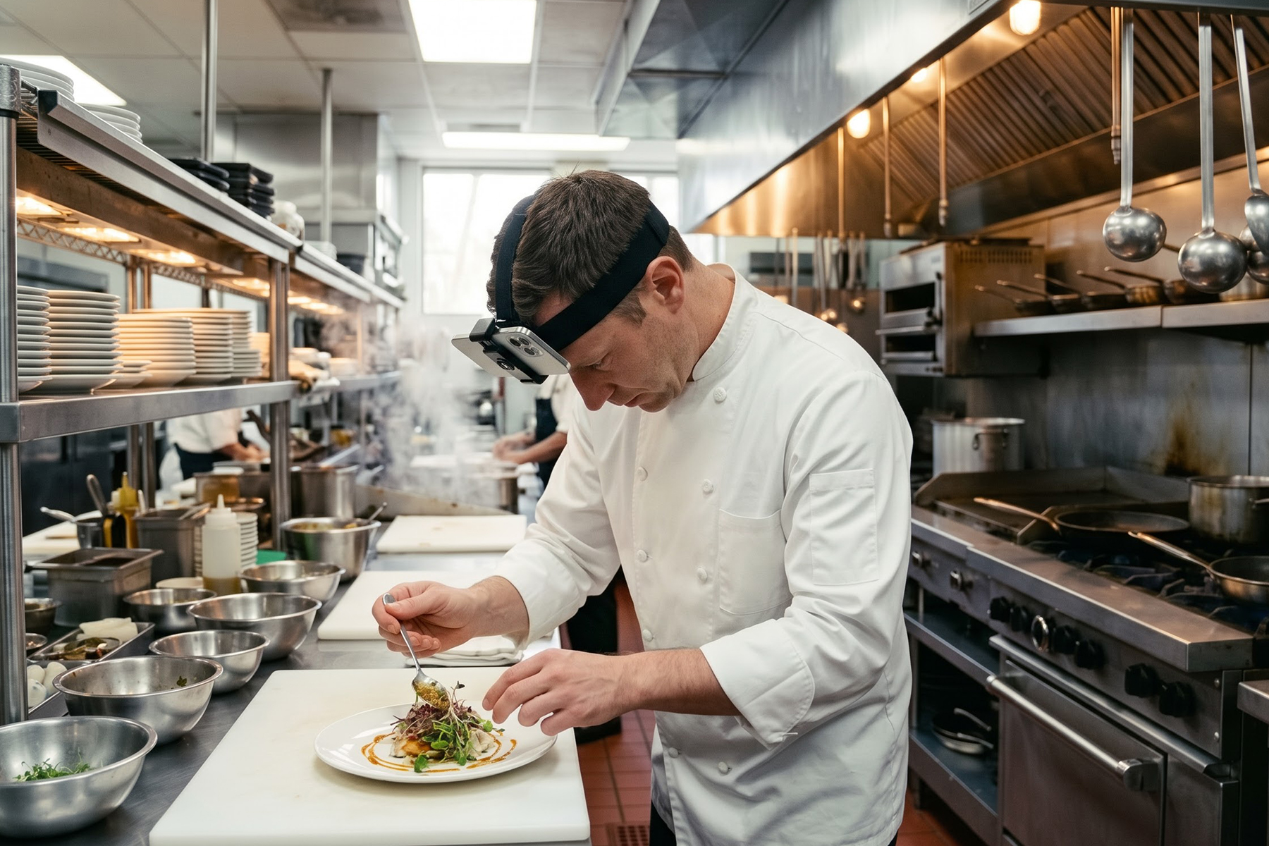 A commercial kitchen during service; one cook wears the head strap while plating.