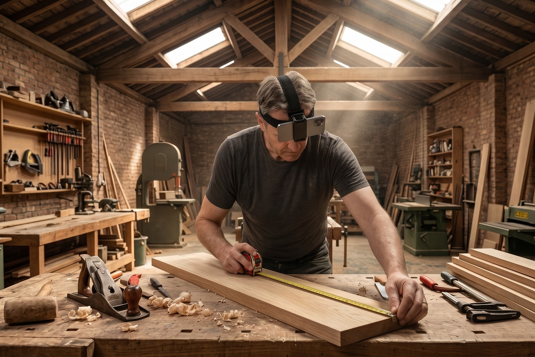 A joinery workshop; a worker in the head strap measures a board at the bench.