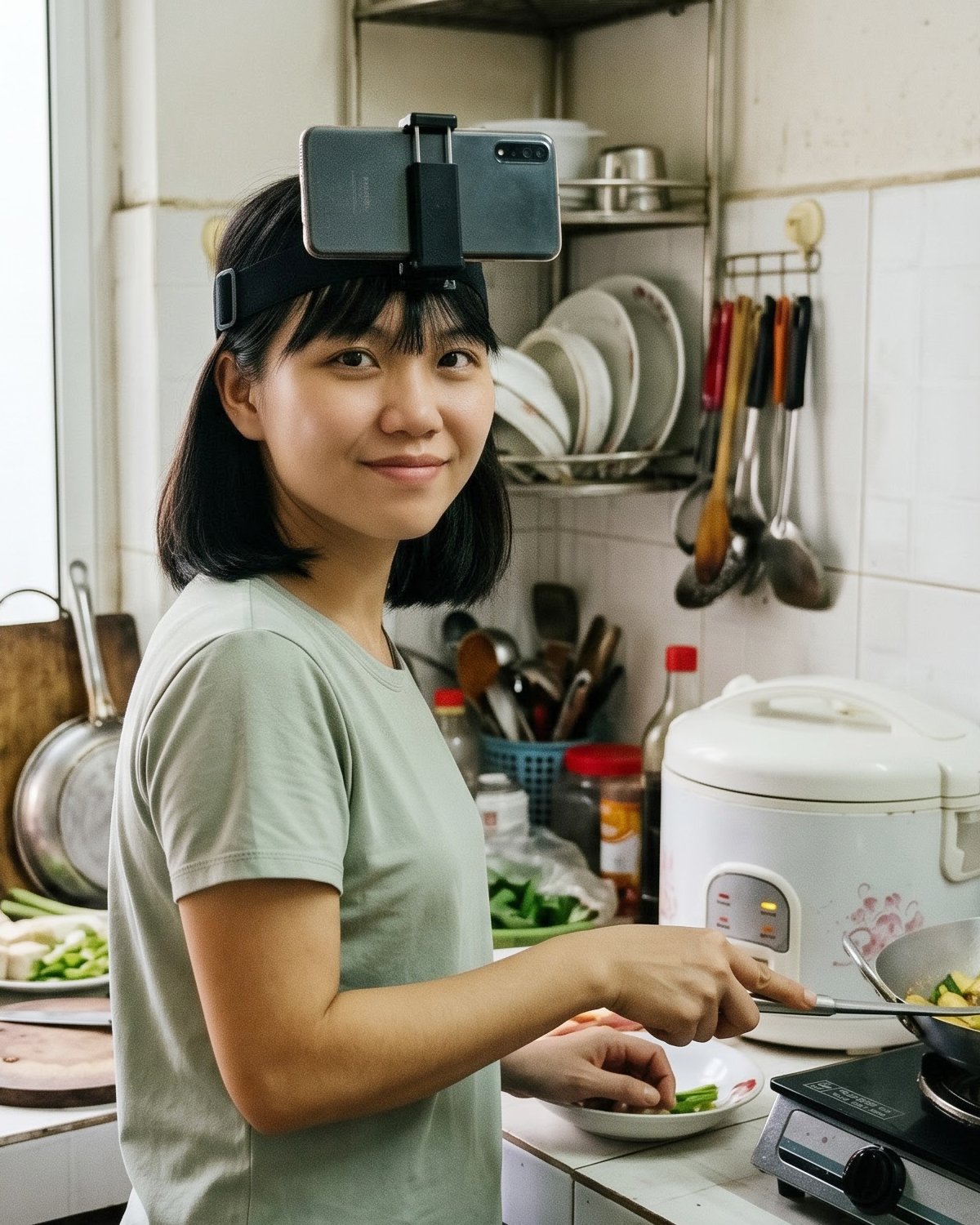 A contributor in her kitchen in Hanoi, head strap on, looking at the camera.