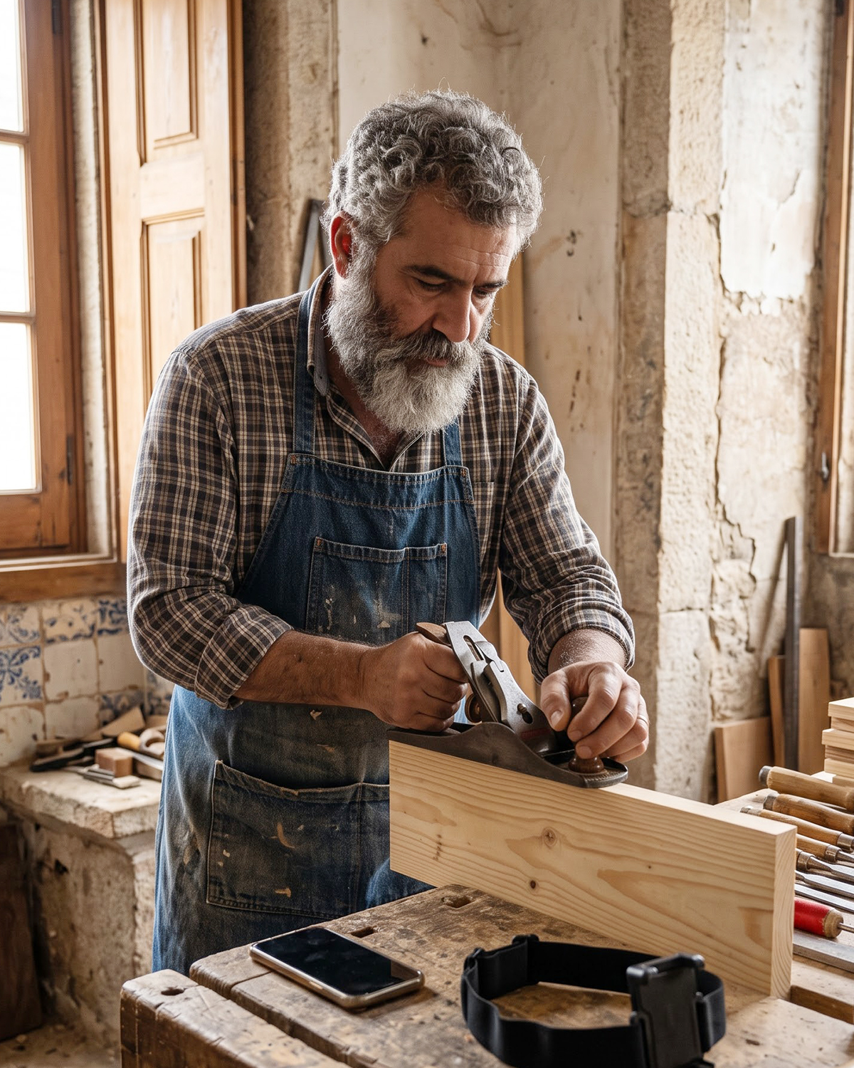 A contributor in a small workshop in Lisbon, head strap resting on the bench beside him.