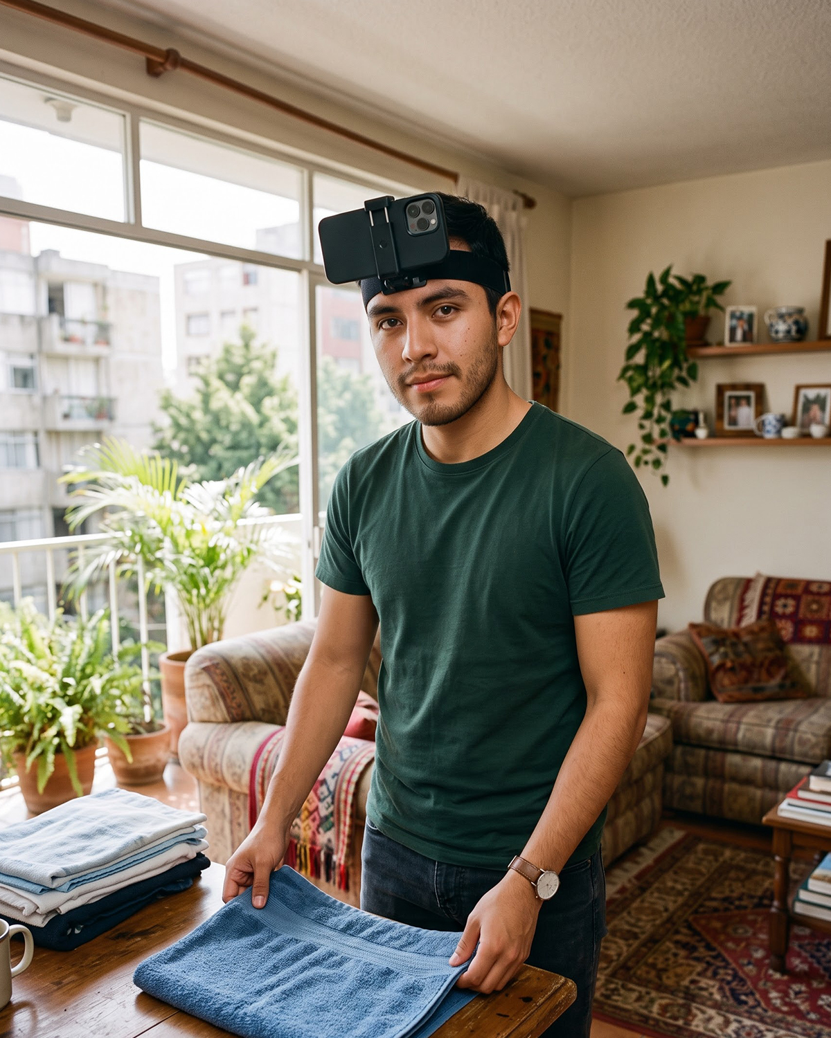 A contributor in a living room in Mexico City, head strap on, folding a towel and looking at the camera.