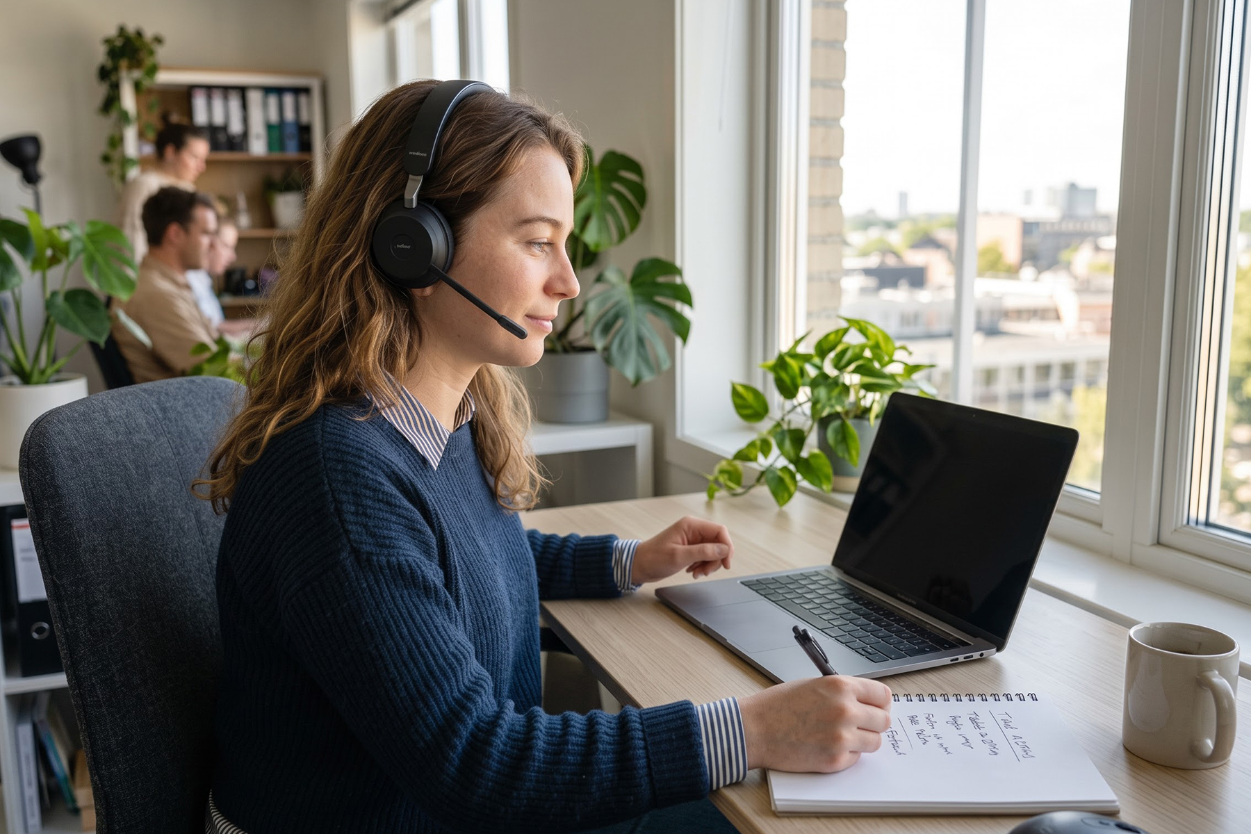 A support team member on a video call at a desk by a window, smiling at the screen.